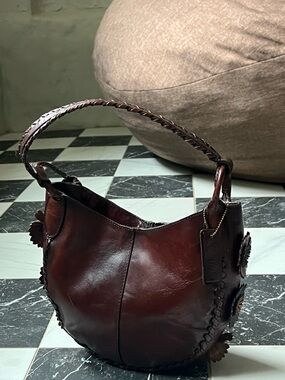 Handcrafted Dark Brown Leather Shoulder Bag with Braided Handle